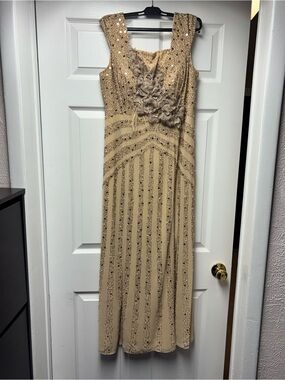 Sleeveless Beaded Maxi Dress in Champagne/Beige